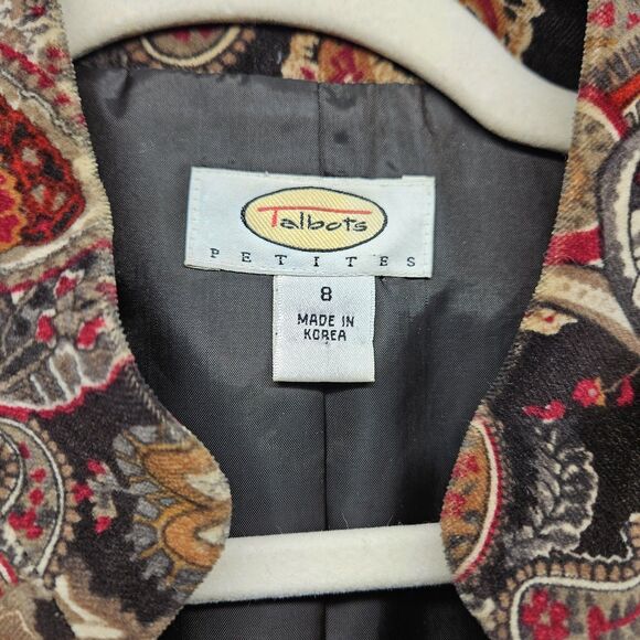 Talbots Womens Brown Paisley Blazer Colorful Cotton Silk Size 8 Petite Velvet - Picture 7 of 11